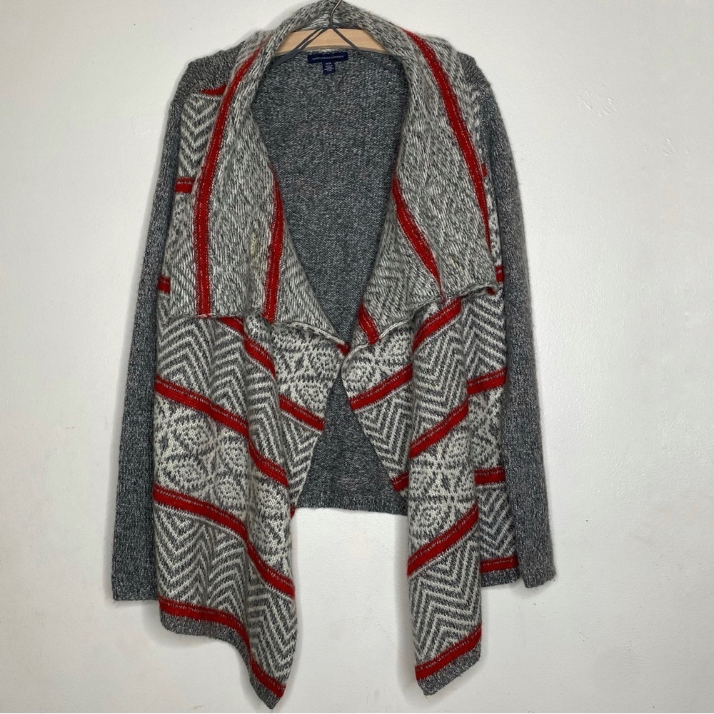 American Eagle red/gray/white hi-Lo open waterfall cardigan